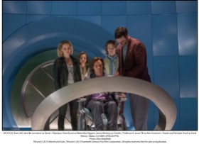 (from left) Jennifer Lawrence as Raven / Mystique, Rose Byrne as Moira MacTaggert, James McAvoy as Charles / Professor X, Lucas Till as Alex Summers / Havok and Nicholas Hoult as Hank McCoy / Beast, in X-MEN: APOCALYPSE.
