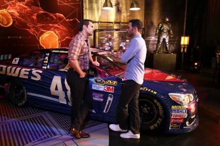 "Batman v Superman: Dawn of Justice" star Henry Cavill gets an in-depth look at Jimmie Johnson's No. 48 Superman Chevrolet at Warner Bros. Studios on Thursday, March 17, 2016, in Burbank, CA. (Photo by Eric Charbonneau/Invision for Warner Bros./AP Images)