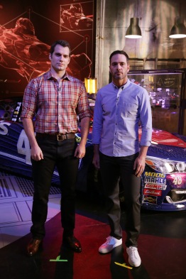 "Batman v Superman: Dawn of Justice" star Henry Cavill gets an in-depth look at Jimmie Johnson's No. 48 Superman Chevrolet at Warner Bros. Studios on Thursday, March 17, 2016, in Burbank, CA. (Photo by Eric Charbonneau/Invision for Warner Bros./AP Images)